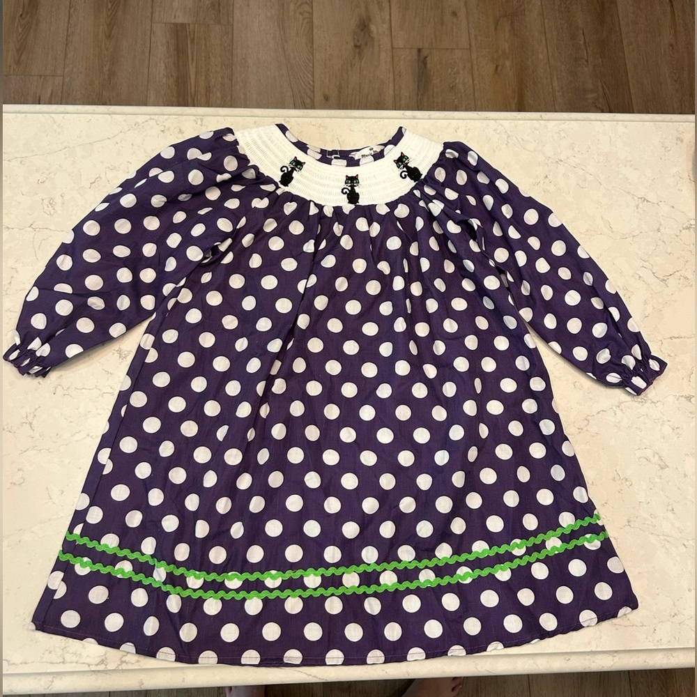 Halloween Black Cat Smocked Polka Dot Girls Dress